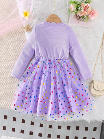 Young Girl Casual Elegant Round Neck Long Sleeve Cinched Waist A-Line Colorful Heart Net Overlay Party Dress, Spring/Autumn