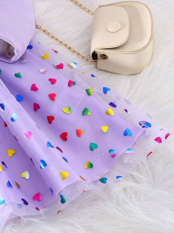 Young Girl Casual Elegant Round Neck Long Sleeve Cinched Waist A-Line Colorful Heart Net Overlay Party Dress, Spring/Autumn
