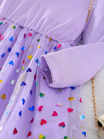 Young Girl Casual Elegant Round Neck Long Sleeve Cinched Waist A-Line Colorful Heart Net Overlay Party Dress, Spring/Autumn