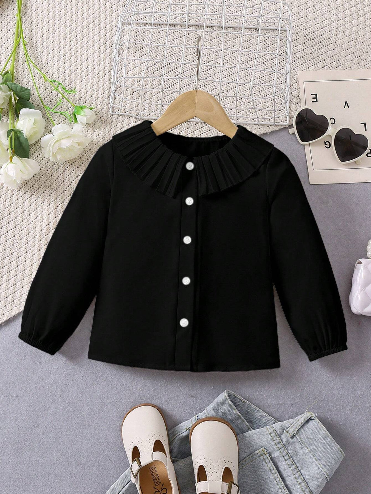 Young Girl Casual Elegant Ruffle Collar Pleated Long Sleeve Shirt, Suitable For Spring And Autumn, Perfect For Various Occasions, Graceful And Classic