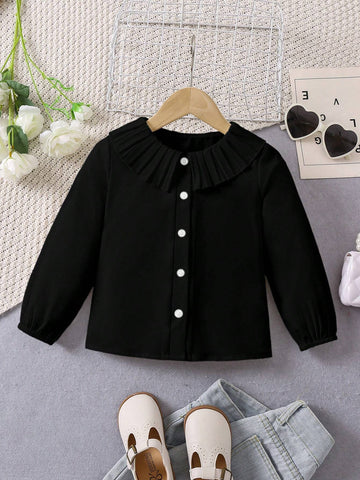 Young Girl Casual Elegant Ruffle Collar Pleated Long Sleeve Shirt, Suitable For Spring And Autumn, Perfect For Various Occasions, Graceful And Classic