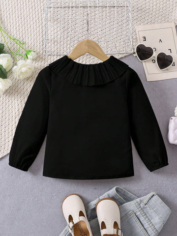 Young Girl Casual Elegant Ruffle Collar Pleated Long Sleeve Shirt, Suitable For Spring And Autumn, Perfect For Various Occasions, Graceful And Classic