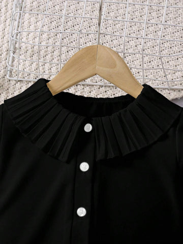 Young Girl Casual Elegant Ruffle Collar Pleated Long Sleeve Shirt, Suitable For Spring And Autumn, Perfect For Various Occasions, Graceful And Classic