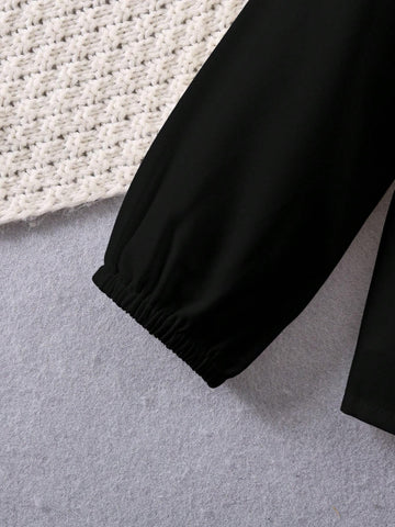 Young Girl Casual Elegant Ruffle Collar Pleated Long Sleeve Shirt, Suitable For Spring And Autumn, Perfect For Various Occasions, Graceful And Classic