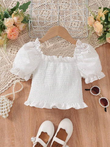 Young Girl Casual Fitted Solid Color Shirt With Square Neckline, Puff Sleeves And Regular Shoulders For Summer