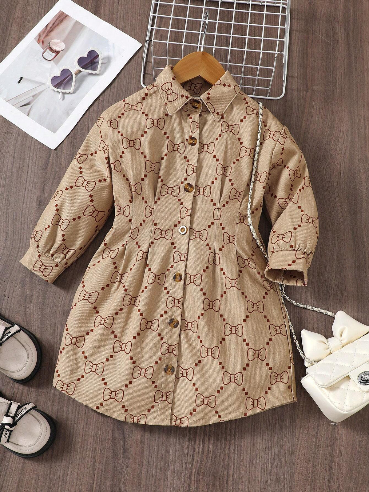 Young Girl Casual Heart Pattern Corduroy Dress & Shirt Combo, For Autumn/Winter
