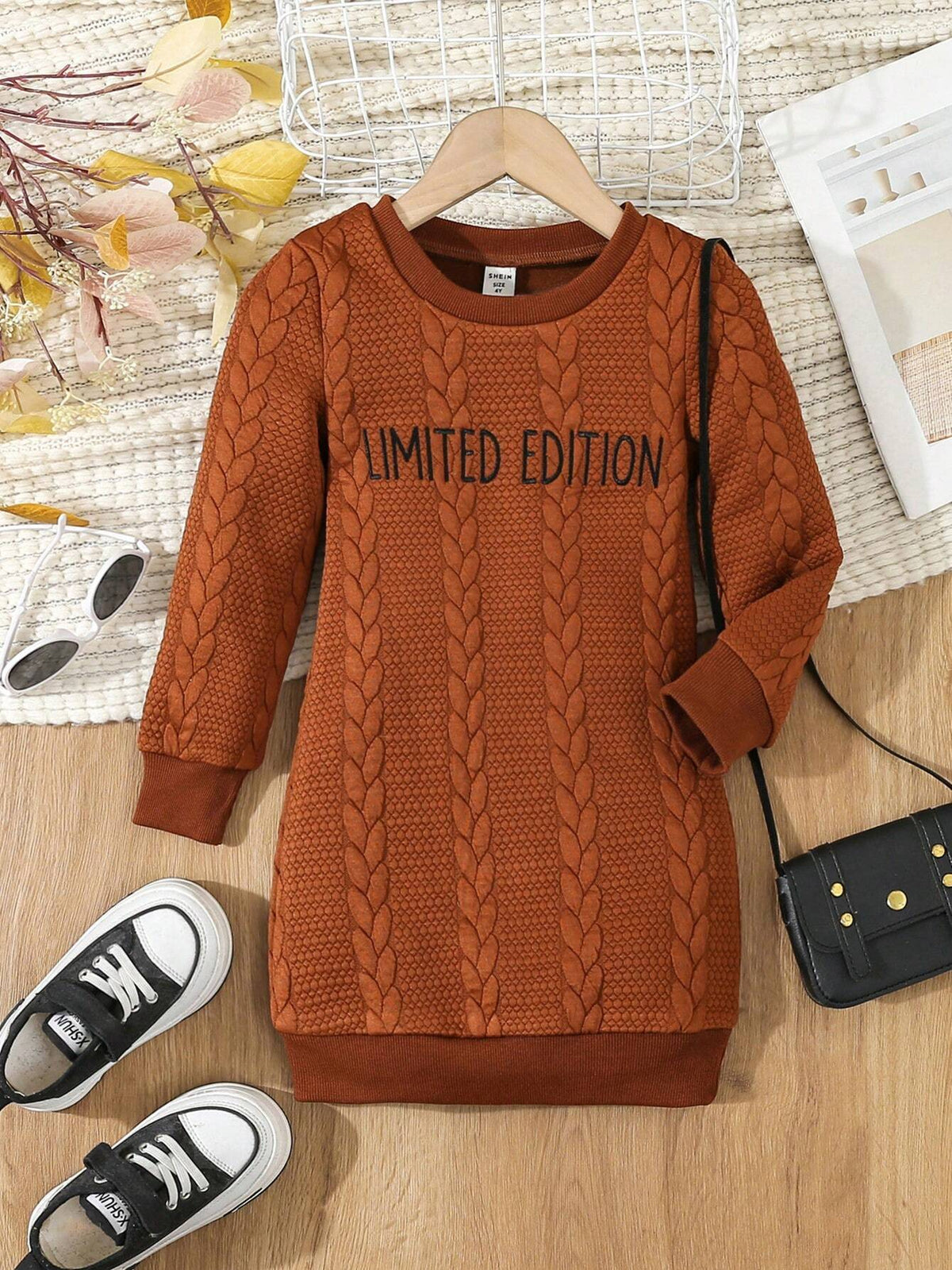 Young Girl Casual Letter Embroidered Cable Knit Dress