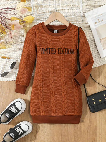 Young Girl Casual Letter Embroidered Cable Knit Dress