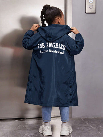 Young Girl Casual Letter Print Front Zip Drop Shoulder Hooded Jacket