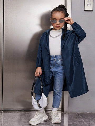 Young Girl Casual Letter Print Front Zip Drop Shoulder Hooded Jacket