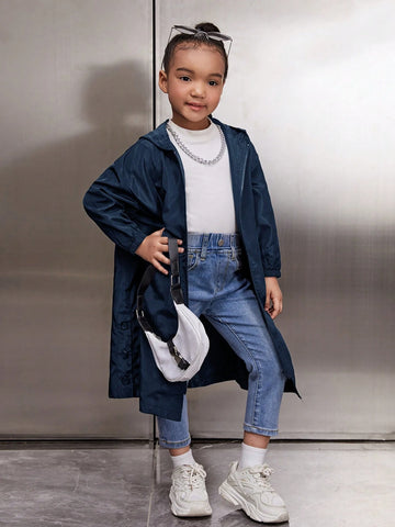 Young Girl Casual Letter Print Front Zip Drop Shoulder Hooded Jacket