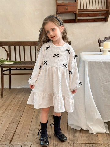 Young Girl Casual Matching Mother-Daughter Bow Decoration Wave Pattern Round Neck Dropped Shoulder Puff Sleeve Waisted Dress