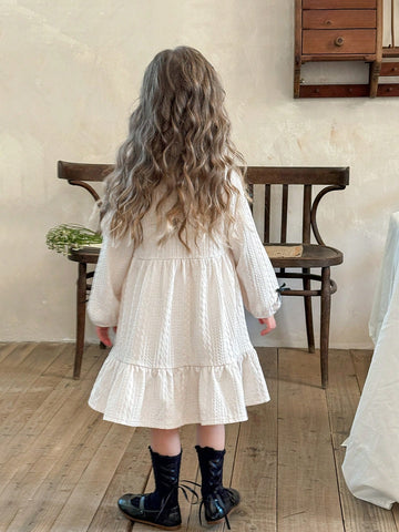 Young Girl Casual Matching Mother-Daughter Bow Decoration Wave Pattern Round Neck Dropped Shoulder Puff Sleeve Waisted Dress