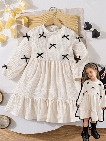 Young Girl Casual Matching Mother-Daughter Bow Decoration Wave Pattern Round Neck Dropped Shoulder Puff Sleeve Waisted Dress