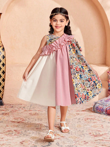 Young Girl Casual Matching Mother-Daughter Colorful Rose Patchwork Sleeveless Dress, Spring And Summer