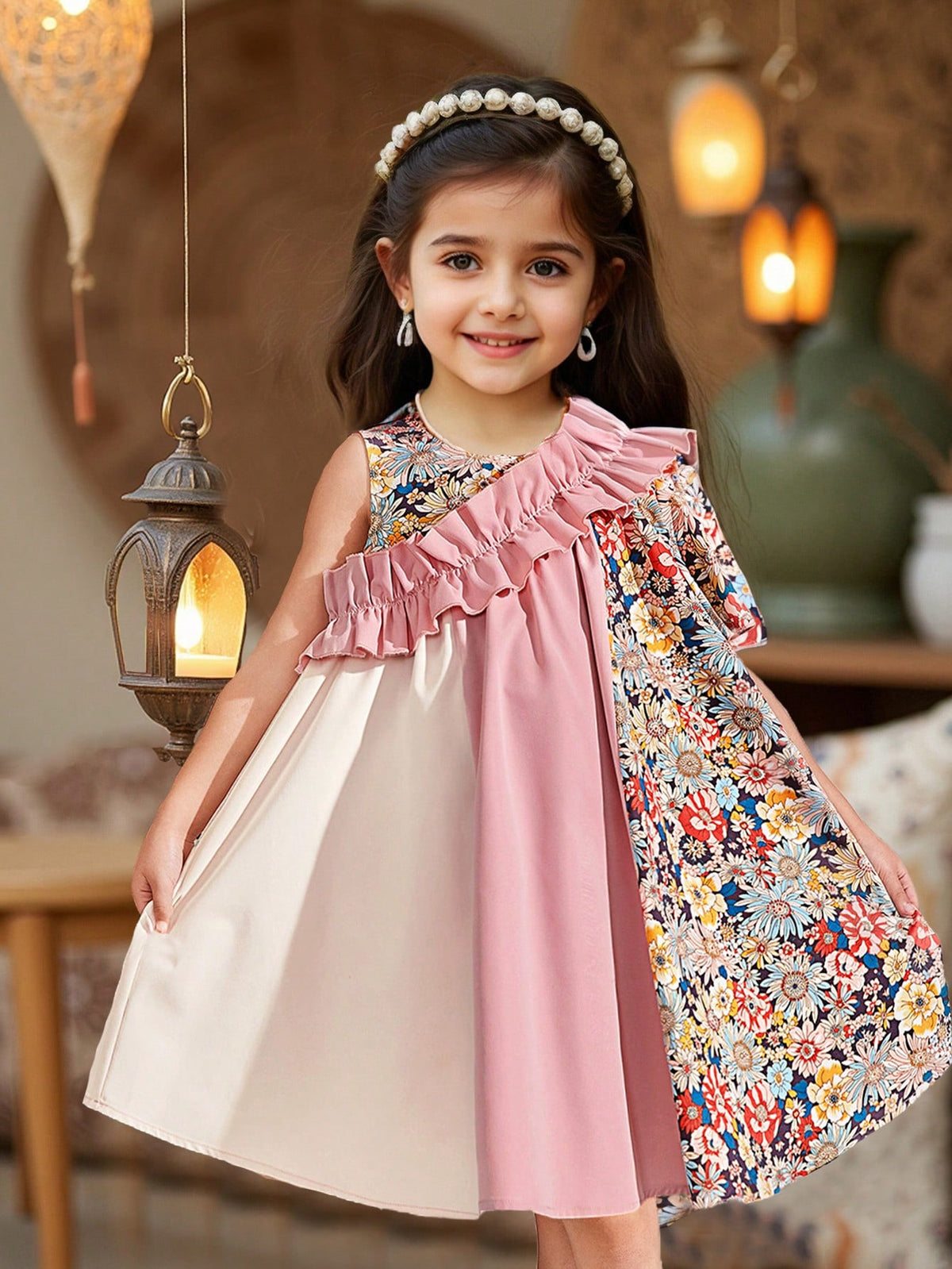 Young Girl Casual Matching Mother-Daughter Colorful Rose Patchwork Sleeveless Dress, Spring And Summer