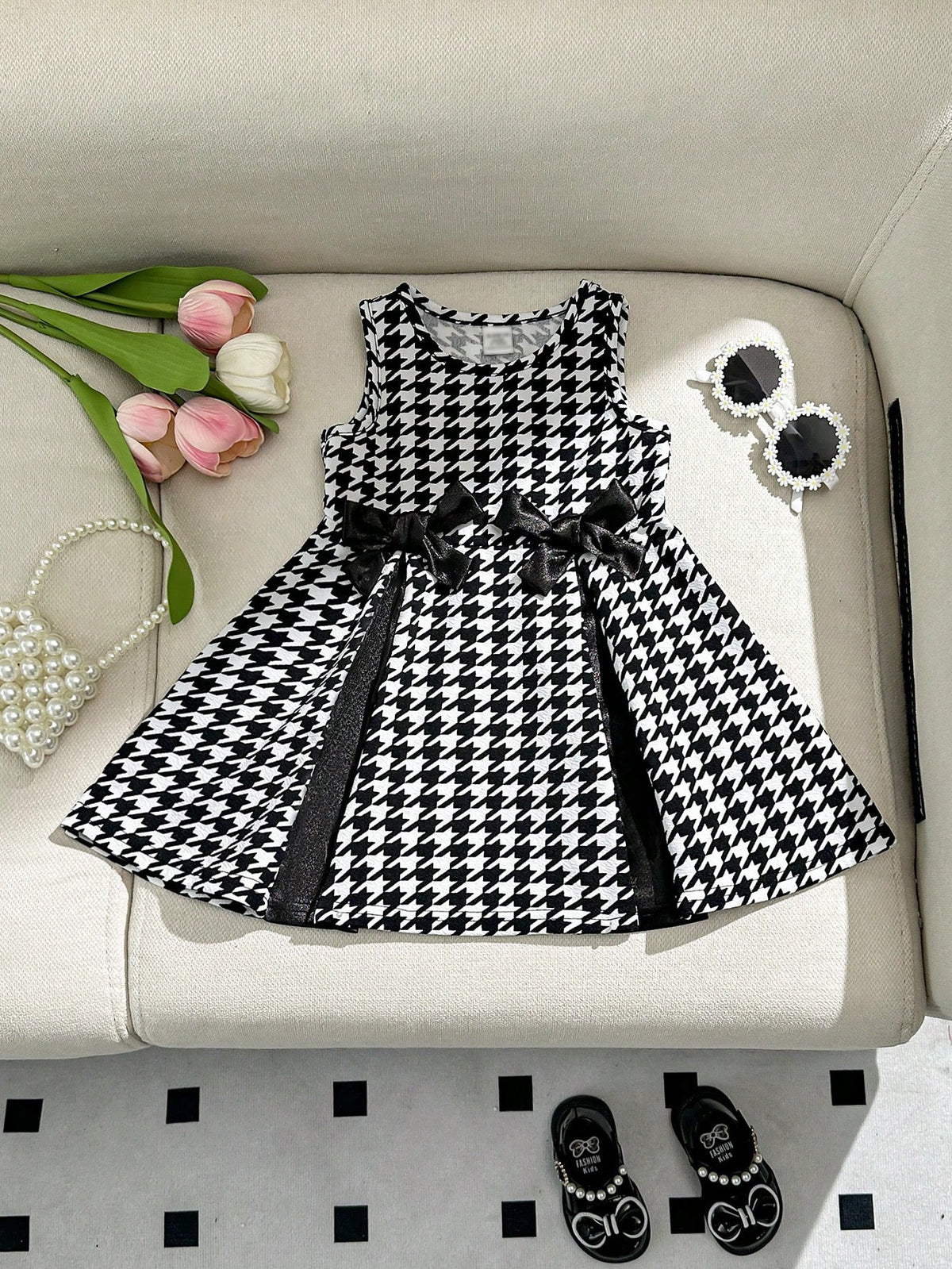 oung Girl Casual Matching Mother-Daughter Knit Sleeveless A-Line Dress, Adorable Plaid Color Block Design With Bowknot, Autumn/Winter