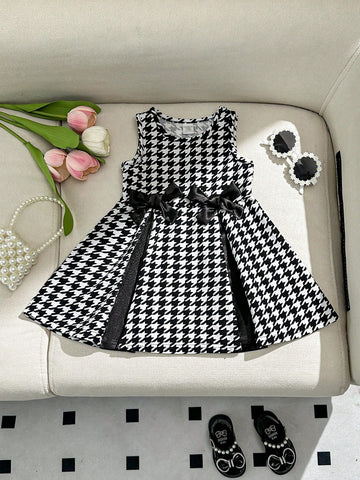 oung Girl Casual Matching Mother-Daughter Knit Sleeveless A-Line Dress, Adorable Plaid Color Block Design With Bowknot, Autumn/Winter