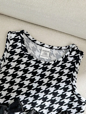 oung Girl Casual Matching Mother-Daughter Knit Sleeveless A-Line Dress, Adorable Plaid Color Block Design With Bowknot, Autumn/Winter