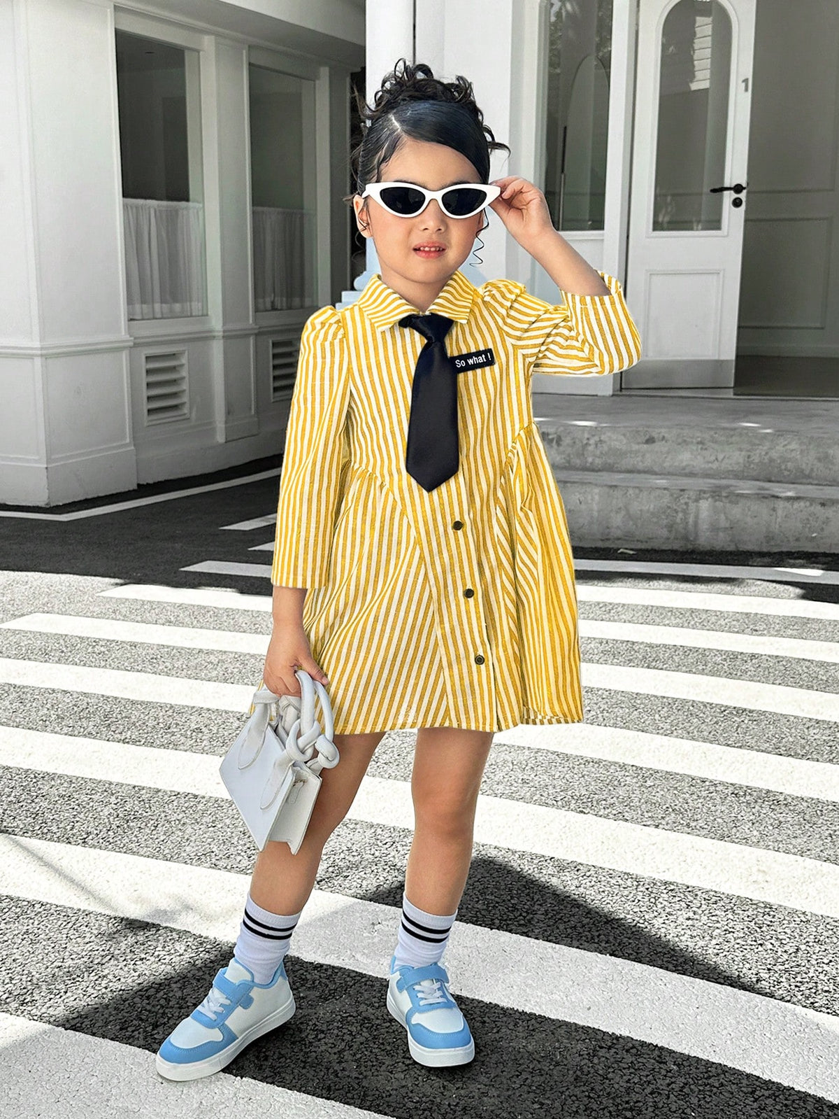 Young Girl Casual Matching Mother-Daughter Woven Long Sleeve Striped Collar Belted Casual Dress