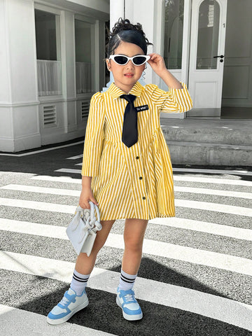 Young Girl Casual Matching Mother-Daughter Woven Long Sleeve Striped Collar Belted Casual Dress