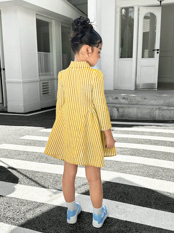 Young Girl Casual Matching Mother-Daughter Woven Long Sleeve Striped Collar Belted Casual Dress