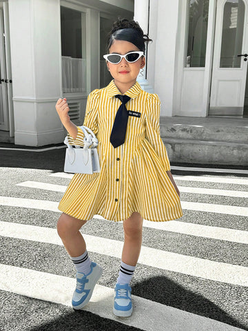 Young Girl Casual Matching Mother-Daughter Woven Long Sleeve Striped Collar Belted Casual Dress