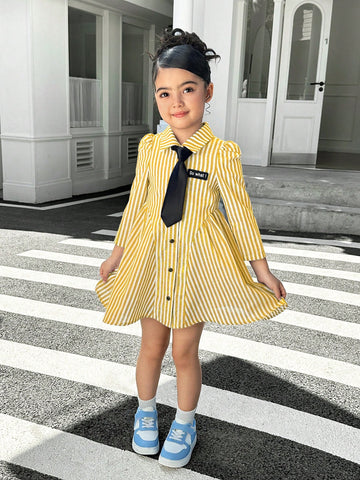 Young Girl Casual Matching Mother-Daughter Woven Long Sleeve Striped Collar Belted Casual Dress