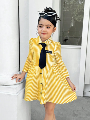 Young Girl Casual Matching Mother-Daughter Woven Long Sleeve Striped Collar Belted Casual Dress