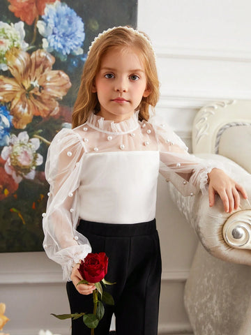 Young Girl Casual Pearl Decorated Stand Collar Blouse With See-Through Flare Sleeves