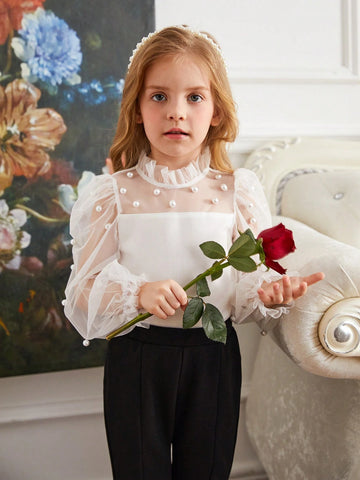 Young Girl Casual Pearl Decorated Stand Collar Blouse With See-Through Flare Sleeves