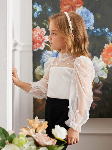 Young Girl Casual Pearl Decorated Stand Collar Blouse With See-Through Flare Sleeves