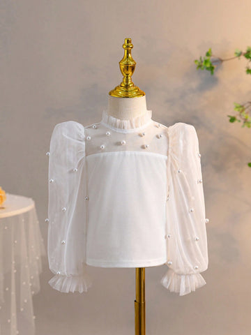 Young Girl Casual Pearl Decorated Stand Collar Blouse With See-Through Flare Sleeves