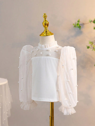 Young Girl Casual Pearl Decorated Stand Collar Blouse With See-Through Flare Sleeves