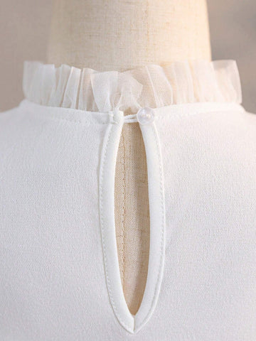 Young Girl Casual Pearl Decorated Stand Collar Blouse With See-Through Flare Sleeves
