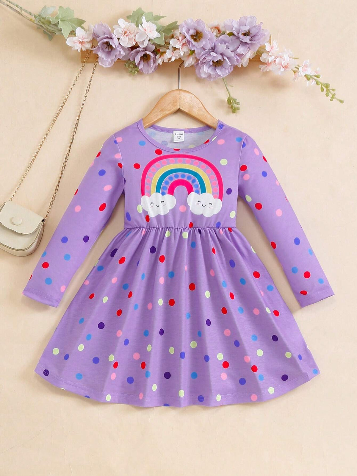 Young Girl Casual Polka Dot And Rainbow Print Long Sleeve Dress For Autumn