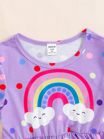 Young Girl Casual Polka Dot And Rainbow Print Long Sleeve Dress For Autumn