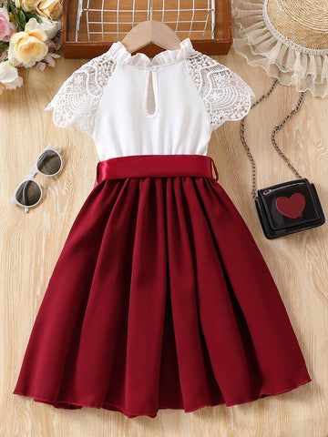 Young Girl Casual Princess Style Sweet & Elegant Lace Color Blocking Dress With Patchwork