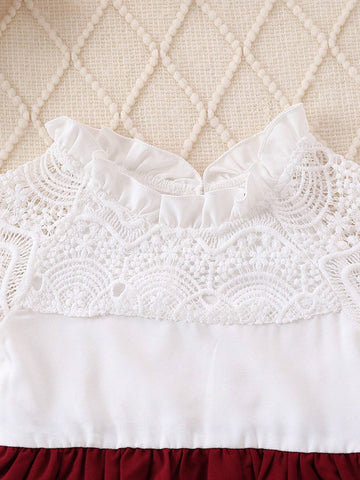 Young Girl Casual Princess Style Sweet & Elegant Lace Color Blocking Dress With Patchwork