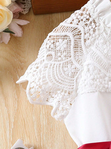 Young Girl Casual Princess Style Sweet & Elegant Lace Color Blocking Dress With Patchwork