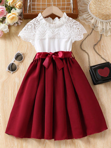 Young Girl Casual Princess Style Sweet & Elegant Lace Color Blocking Dress With Patchwork