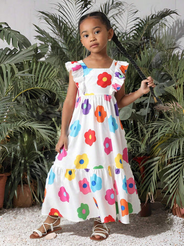 Young Girl Casual Round Neck Back 3D Bow Contrast Color Flower Decor Puff Sleeve Dress,