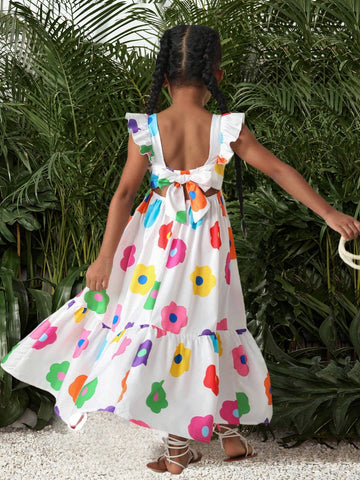 Young Girl Casual Round Neck Back 3D Bow Contrast Color Flower Decor Puff Sleeve Dress,