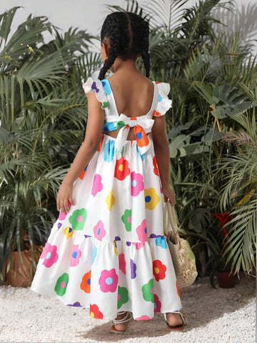 Young Girl Casual Round Neck Back 3D Bow Contrast Color Flower Decor Puff Sleeve Dress,