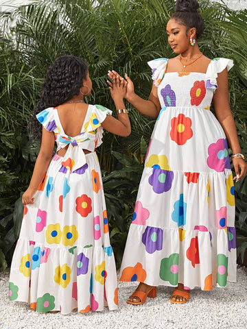 Young Girl Casual Round Neck Back 3D Bow Contrast Color Flower Decor Puff Sleeve Dress,