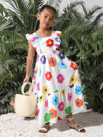 Young Girl Casual Round Neck Back 3D Bow Contrast Color Flower Decor Puff Sleeve Dress,