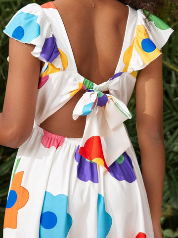 Young Girl Casual Round Neck Back 3D Bow Contrast Color Flower Decor Puff Sleeve Dress,