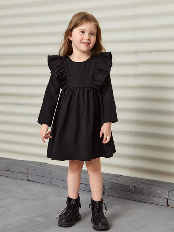 Young Girl Casual Round Neck Ruffle Trim Long Sleeve Waist-Tied Solid Color Dress