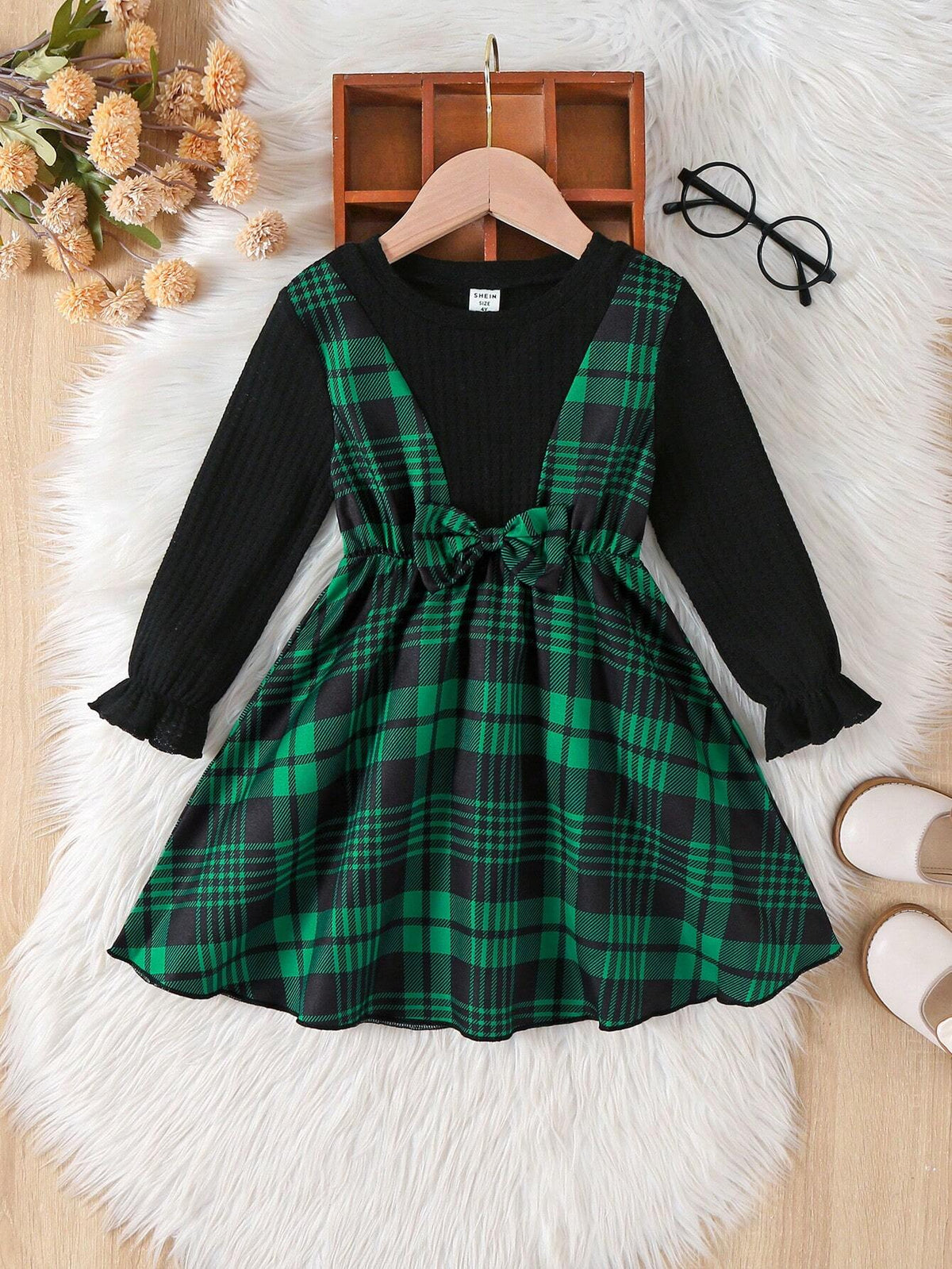 Young Girl Casual Ruffle Sleeve Bow Decor Plaid Print 2-In-1 Dress, Spring/Autumn