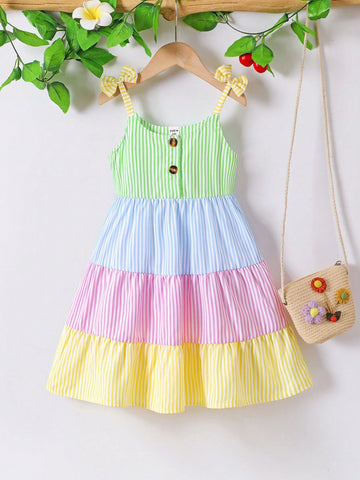 Young Girl Casual Simplified Patchwork Striped Slip Dress, Cake Design, Summer